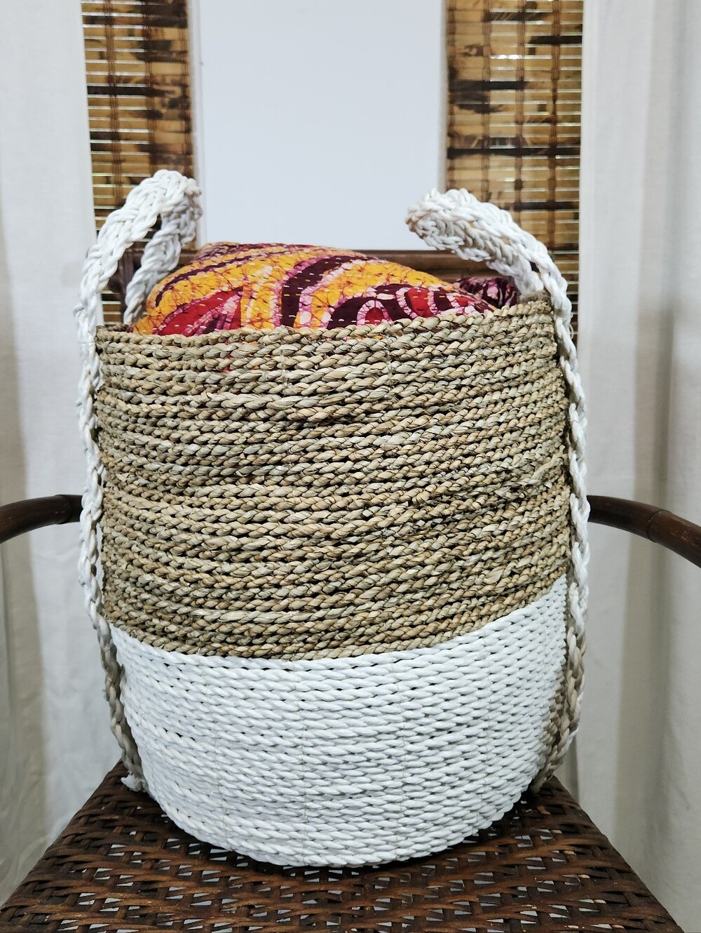 Woven Natural and White Handled Storage Basket - Home Accents